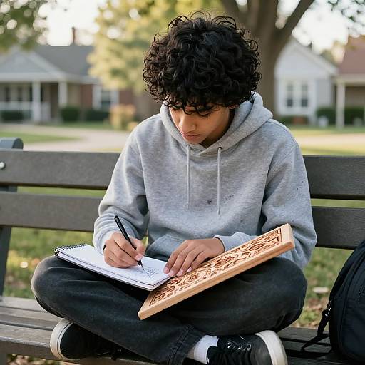 Photograph of a curly-haired young man in a gray hoodie, sitting on a wooden bench, writing in a notebook with a pen, outdoors in a