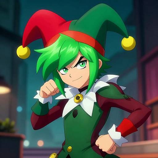 Digital anime-style drawing of a confident, green-haired character with a red and green jester hat, dark green outfit, white collar, and yellow buttons