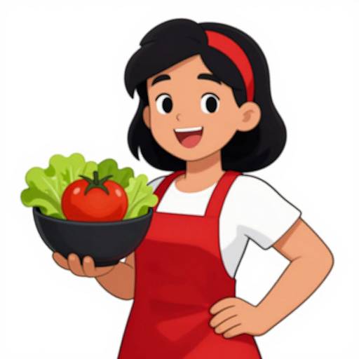 Cartoon-style drawing of a smiling Asian girl with black hair, red headband, red apron, white shirt, holding a bowl with lettuce and