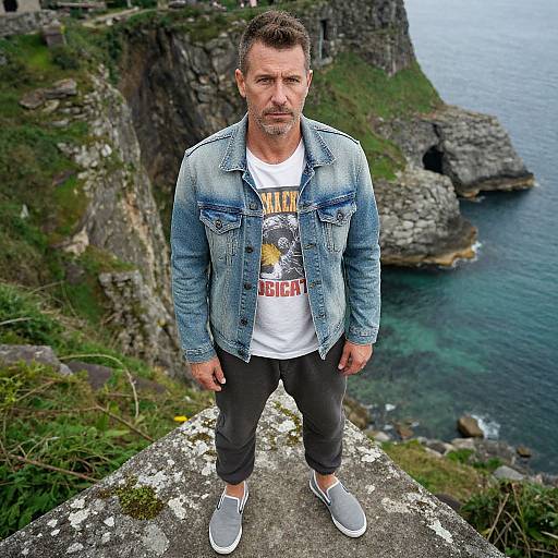 Photograph of a middle-aged man with short brown hair, blue denim jacket, white graphic tee, black pants, grey sneakers, standing on a rocky