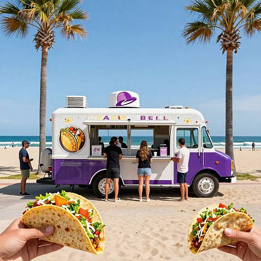 Photograph of a beach food truck with purple and white colors, serving tacos, surrounded by palm trees and holding taco halves in foreground.