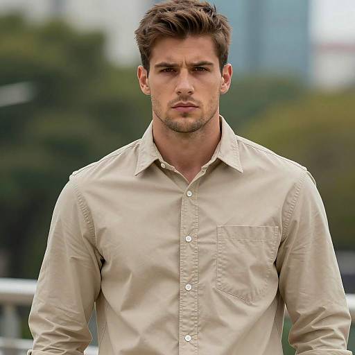 Handsome Young Man in Beige Shirt