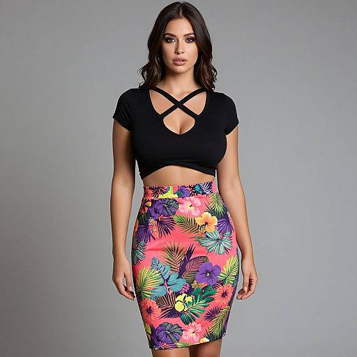 Photograph of a woman with dark hair wearing a black crop top with crisscross straps and a colorful floral skirt against a gray background.