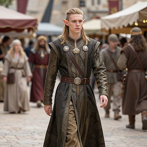 Photograph of a tall, slender, young elf with long brown hair, pointed ears, wearing a dark, ornate medieval tunic, walking through