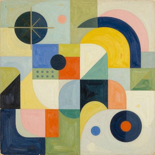Abstract geometric painting with vibrant colors, including yellow, blue, red, and black, featuring overlapping shapes, circles, and arcs on a white background.