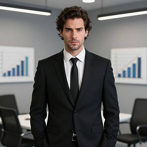 Photograph of a serious, dark-haired man in a black suit, white shirt, and black tie, standing in a modern office with blurred bar graphs