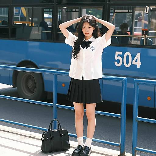 Asian Schoolgirl Standing Near Blue Bus