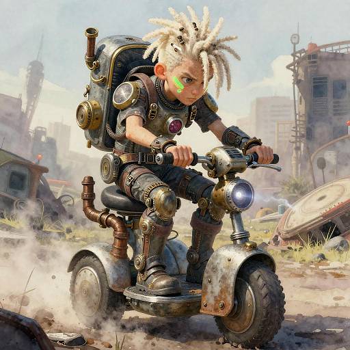Digital artwork of a white boy with dreadlocks riding a steampunk scooter, wearing mechanical armor, in a post-apocalyptic urban landscape.