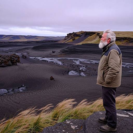 Photograph of a white-bearded elderly man in a brown jacket standing on a grassy ledge, gazing over a vast, layered black lava landscape