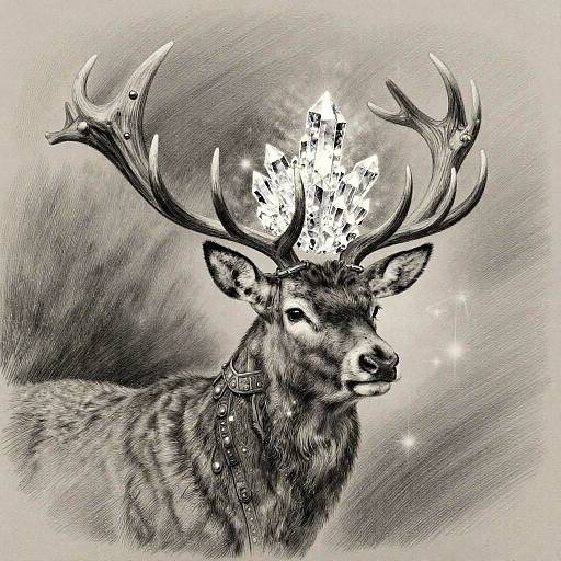 Surreal Stag with Crystal Crown Pencil Drawing