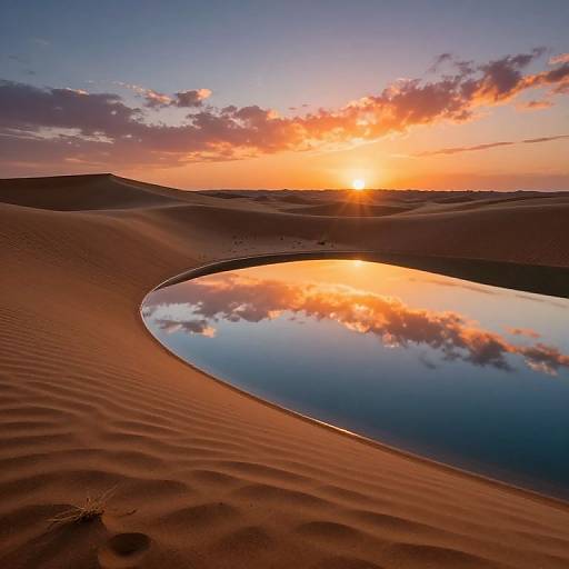 Photograph of a desert sunset with an oval-shaped mirage reflecting colorful clouds and the orange sun over rippled sand dunes.