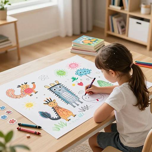 Photograph of a young girl with brown hair in a ponytail, wearing a white shirt and denim shorts, drawing colorful animals on paper at a wooden