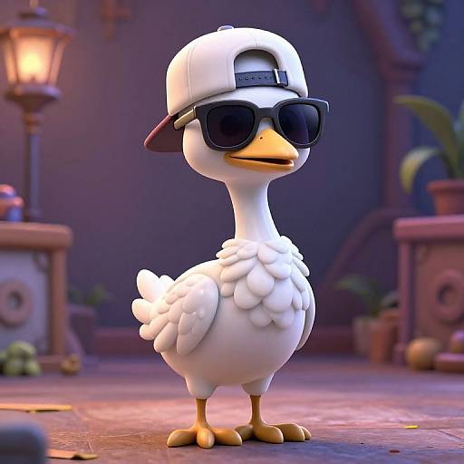 CGI cartoon duck wearing a white backward cap and black sunglasses, standing on a cobblestone path with a lamp post in the background.