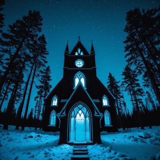 Gothic Revival Church in Snowy Forest at Night