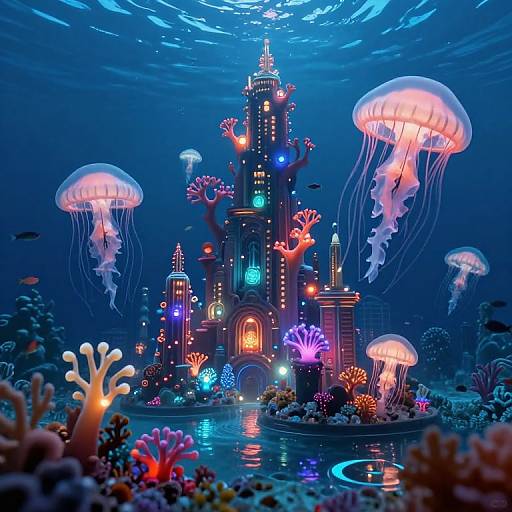 Glowing underwater castle surrounded by vibrant neon jellyfish and colorful coral reefs, illuminated by multicolored lights in a dark blue ocean. Photoreal