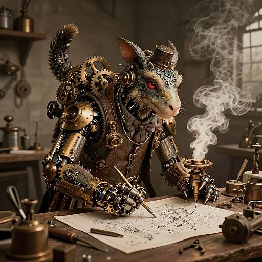 Steampunk rat with gears and clockwork arms, wearing a tiny hat, drawing on paper with a smoking pipe in dim workshop.