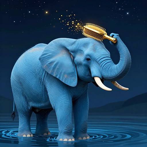 Digital illustration of a blue elephant standing in water at night, brushing its head with a golden comb, stars in the dark sky above.