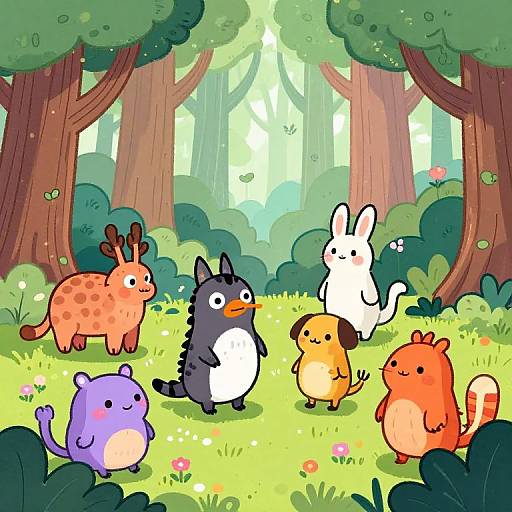 Whimsical forest scene with colorful, cartoon animals: giraffe, penguin, bunny, purple blob, orange squirrel, yellow bird, standing on