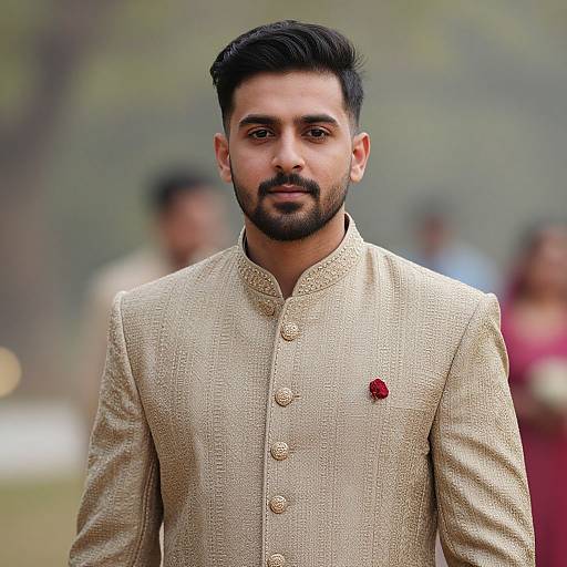 Photograph of a handsome South Asian man with dark hair and beard, wearing a beige embroidered sherwani with a red rose pin, standing outdoors with