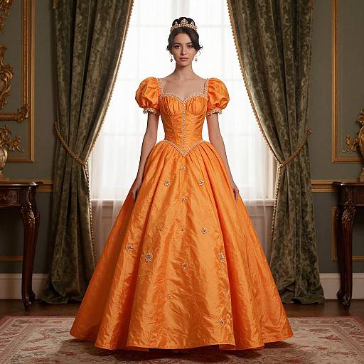 Photograph of a fair-skinned woman in an ornate, bright orange ball gown with puffed sleeves, standing in a grand, opulently