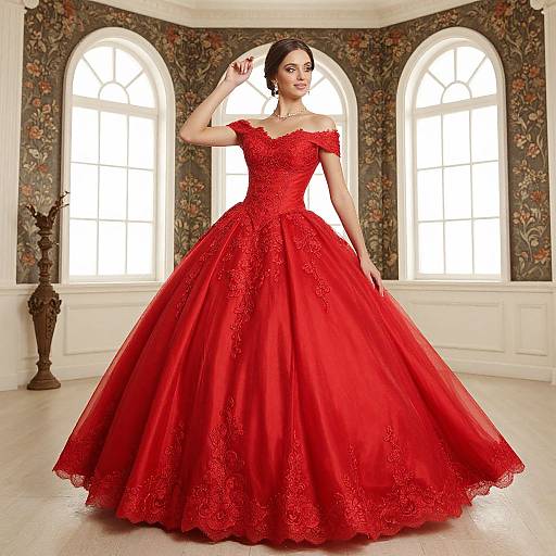 Photograph of a woman in an off-the-shoulder, red, lace-embellished ball gown, standing in a room with floral-pattern