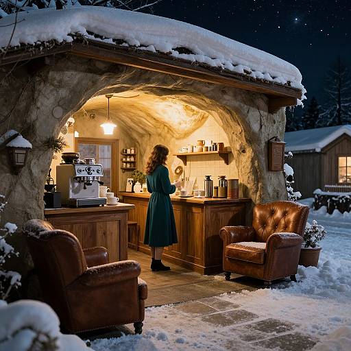 Photograph of a snow-covered, illuminated, cave-like outdoor bar with a woman in a green coat, wooden shelves, brown leather chairs, and a