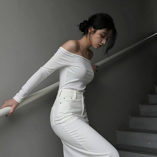Elegant Woman Climbing Dimly Lit Stairs
