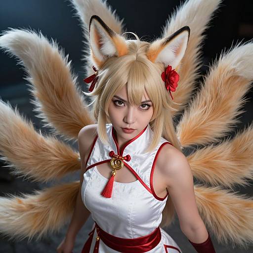 Digital artwork of a blonde fox-eared cosplayer with nine fluffy fox tails, wearing a white and red traditional outfit, red flower hairpin, and