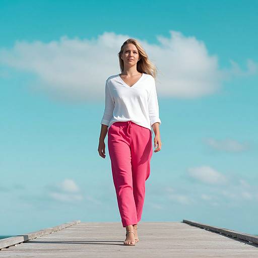 Photograph of a blonde woman in a white blouse and bright pink pants walking on a wooden pier under a clear blue sky.