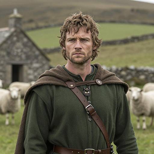 Medieval Shepherd in Pastoral Setting