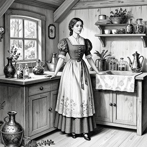 Black-and-white vintage illustration of a Victorian maid in a puffed-sleeve dress and apron, standing in a wooden kitchen with jars, pots