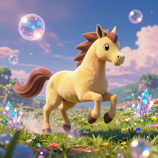 CGI image of a cute, plush-like, yellow pony with brown mane and tail, running in a vibrant, magical meadow with sparkling crystals,