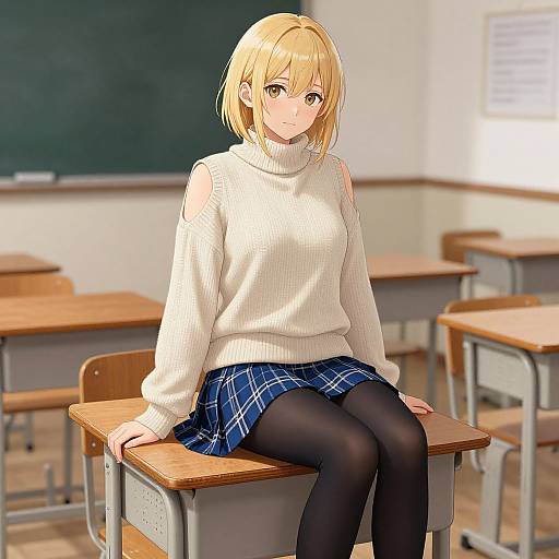 Anime-style digital drawing of a blonde girl with short hair, wearing a white turtleneck, blue plaid skirt, and black tights, seated