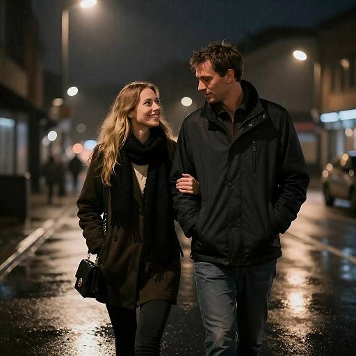 Couple Walking in Rainy City Night