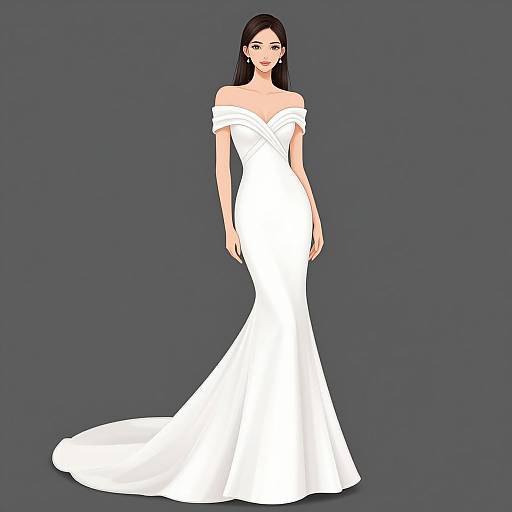 Digital illustration of a slender woman with long black hair in an off-shoulder, white, mermaid-style wedding gown with a trailing train against a