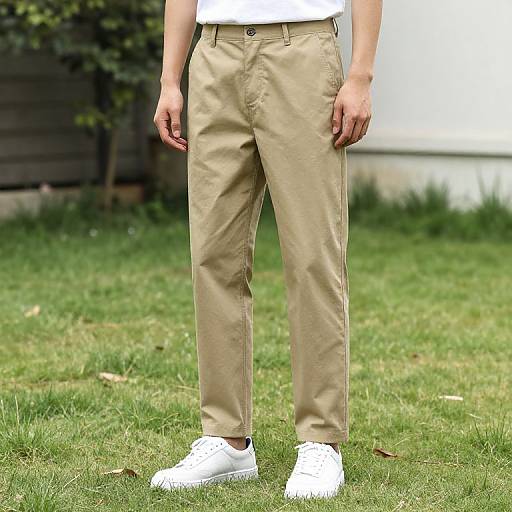 Photograph of a person's lower torso and legs, wearing beige pants, white sneakers, and a white shirt, standing on green grass. Background includes