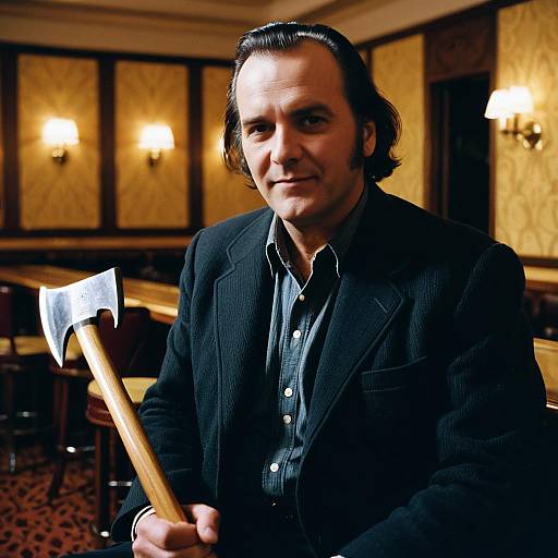 Portrait of Man Holding Axe in Vintage Bar