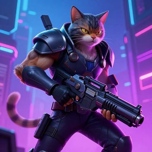 CGI image of a muscular, anthropomorphic tabby cat in black armored gear, holding a futuristic gun, with neon-lit cyberpunk background.