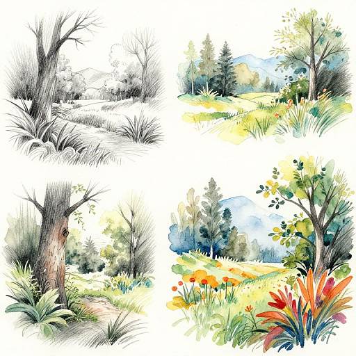 Watercolor and ink botanical illustrations of four lush, vibrant gardens with diverse trees, grasses, and colorful flowers, divided into quadrants.