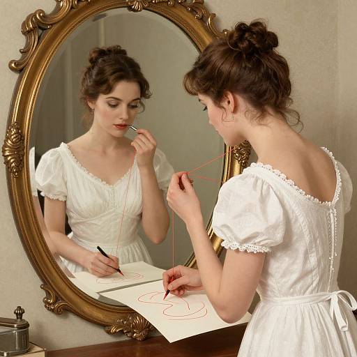 Photograph of a brunette woman in a white, vintage-style dress, drawing in front of an ornate gold mirror, with a delicate string of beads