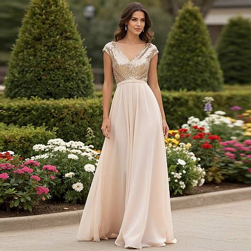 Photograph of a brunette woman in a floor-length, cream satin gown with a sparkling gold bodice, standing in a colorful garden.