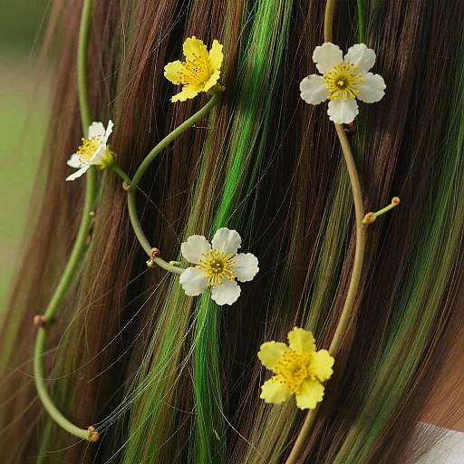 Photograph of delicate white and yellow wildflowers with green stems intertwined in dark brown, straight hair with subtle green highlights.