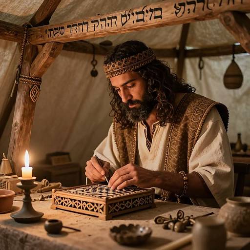 Photograph of a bearded, long-haired man with a crown, playing chess by candlelight in a rustic wooden tent.