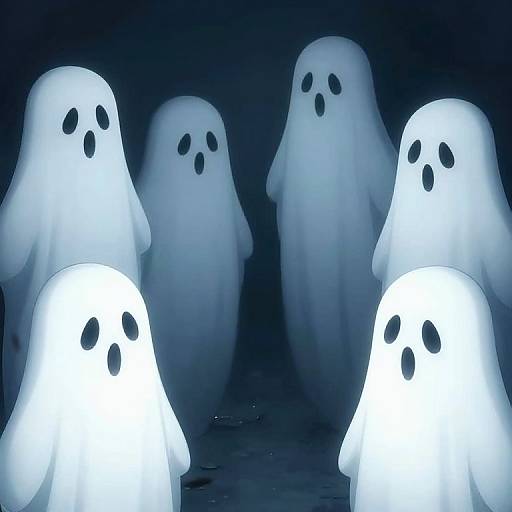 Photograph of glowing white ghost figures with black eye holes, standing in a dark blue background, illuminated from below. Five ghosts, varying sizes, create