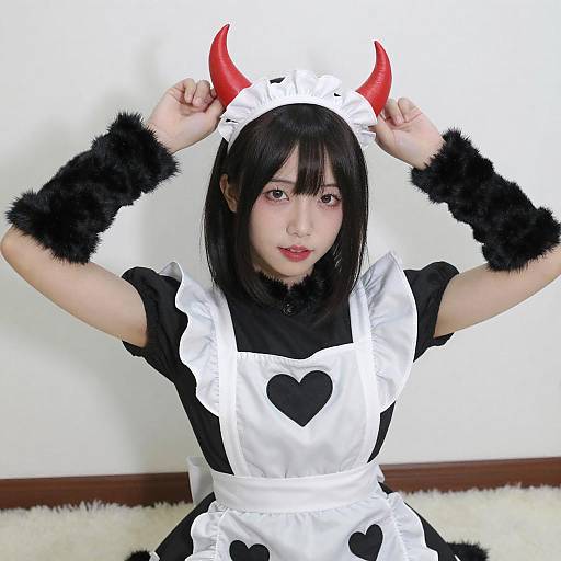 Playful Asian Maid with Red Horns