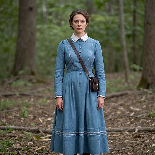 Photograph of a young woman with fair skin, dark hair, wearing a blue Victorian-style dress with white collar, brown shoulder bag, standing in a