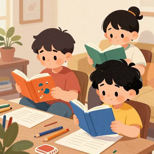 Digital illustration of three children with black hair, reading books at a wooden table. Colorful pencils and paper lie nearby; a potted plant and framed