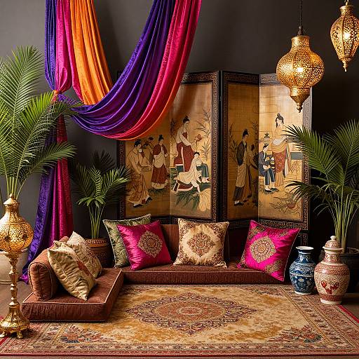 Luxurious Middle Eastern-inspired living room with vibrant red, purple, and orange drapes, ornate pillows, gold lanterns, and intricate Asian-style