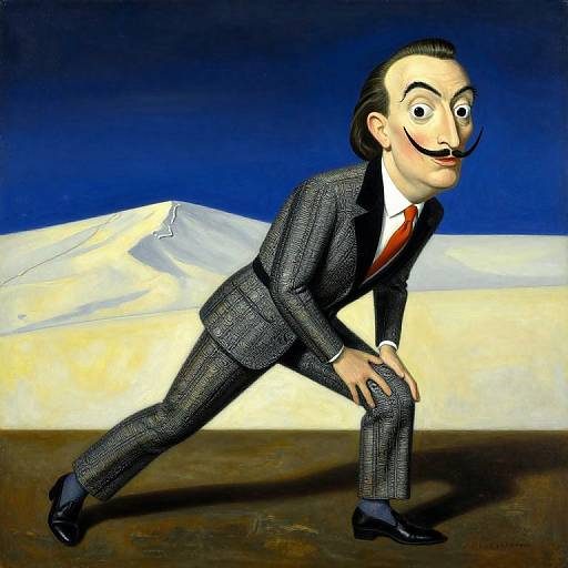 Digital caricature of a man in a gray suit, red tie, and exaggerated mustache, bending forward with a surprised expression, against a blue and