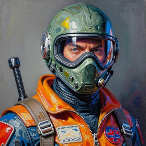Digital painting of a rugged, intense-looking male pilot in a green helmet, orange flight suit, and black mask, with a rifle on his back,